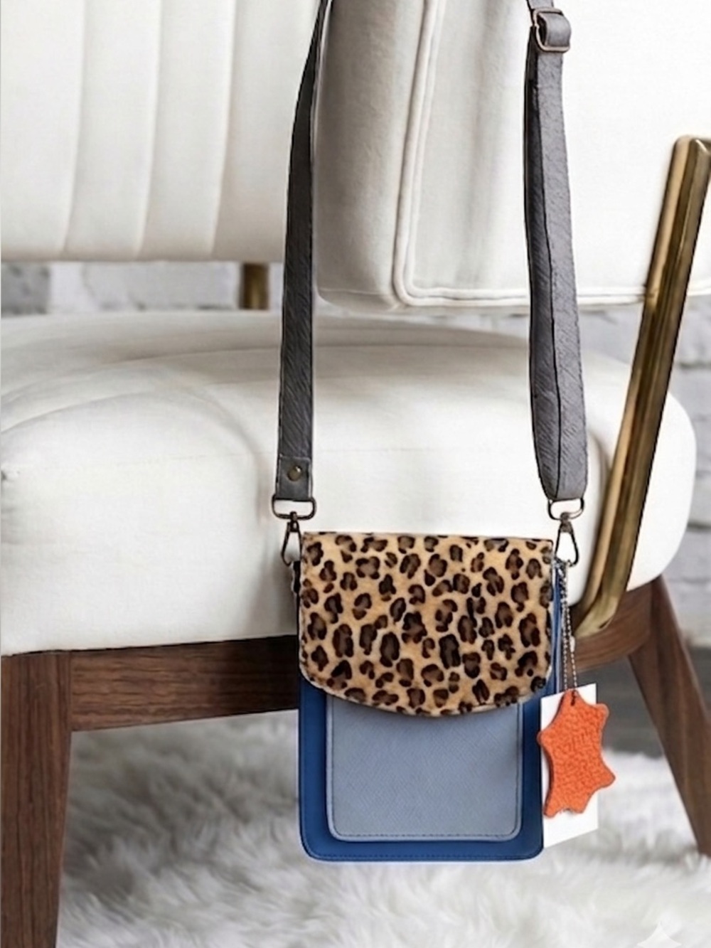 Soruka Leopard Flap Blue leather Crossbody Bag with Gray Strap